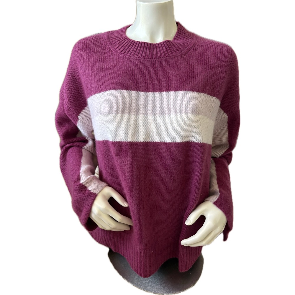 Harper Lane 100% Cashmere Striped Pullover Sweater Raspberry Pink & Cream XL